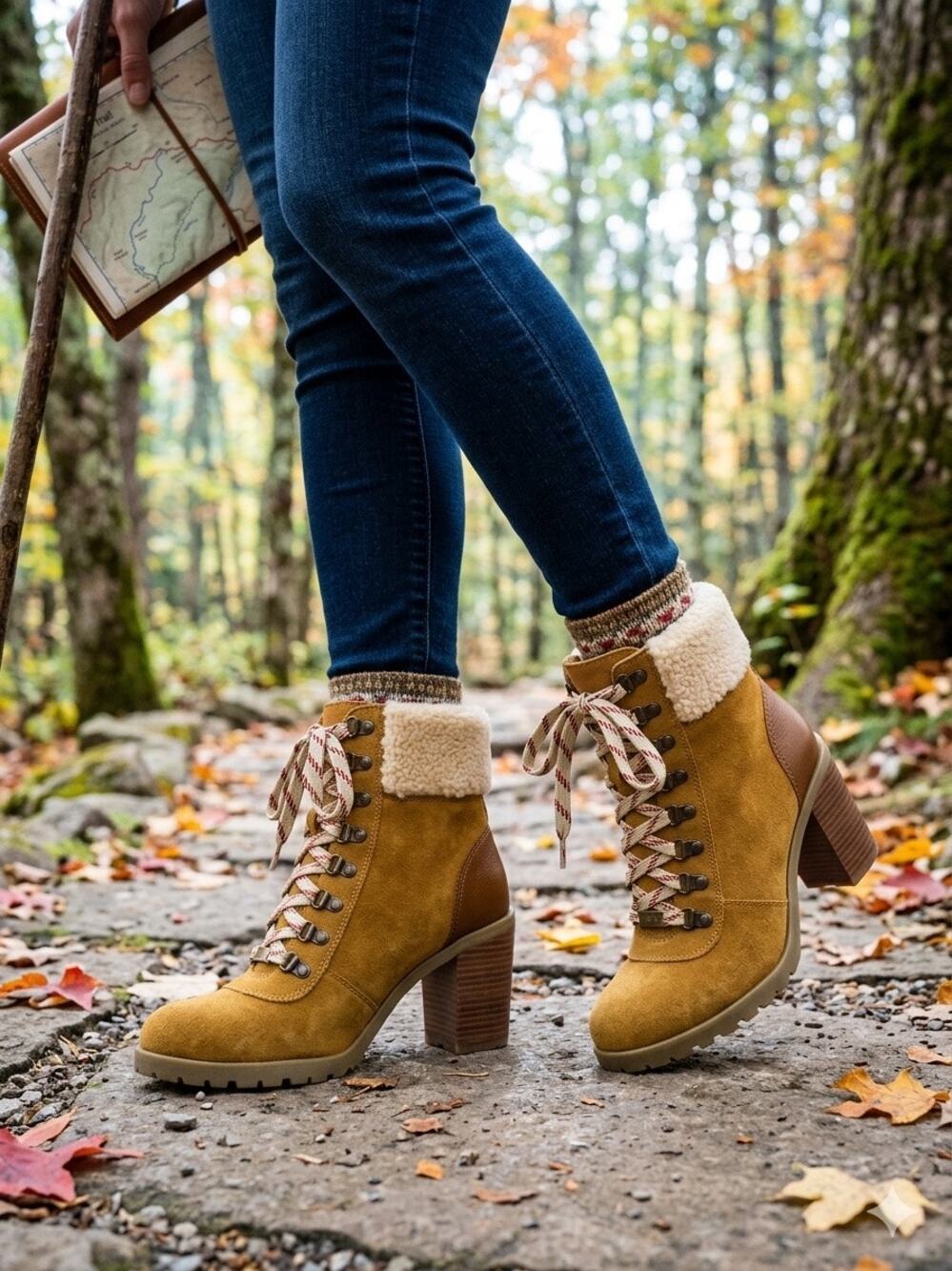 Crevo women’s Joan Lace Up Heeled Suede Boots size 9.5 Tan Faux Fur Combat boot
